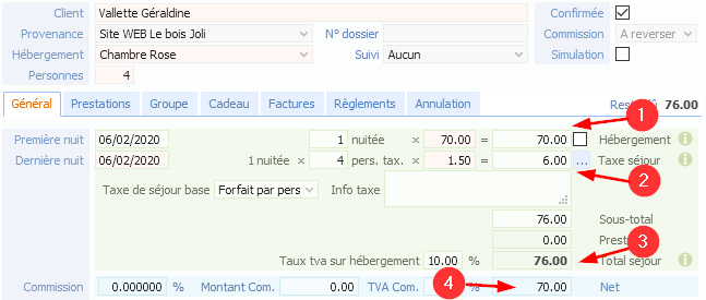 taxe de séjour}

Si parmi les 4 personnes, 1 est un jeune enfant, 3 personnes doivent payer la taxe de séjour soit 4.50€  (5), le client vous versera 74.50€ (6).\\
Votre chiffre d'affaires net sera toujours de 70€ (7).

{{:manava-taxe-sejour-007.png|Taxe de séjour